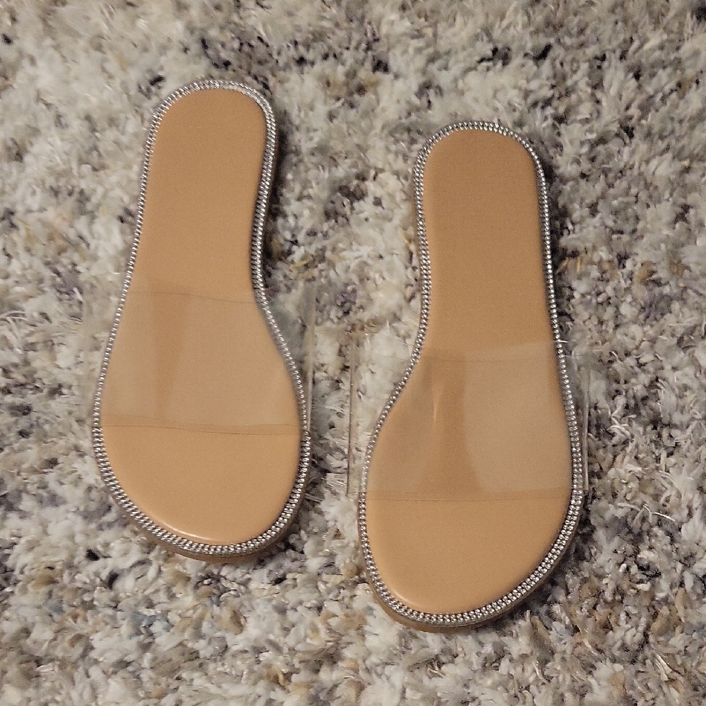 Nude Clear Strap Slide Sandals with Rhinestone Trim